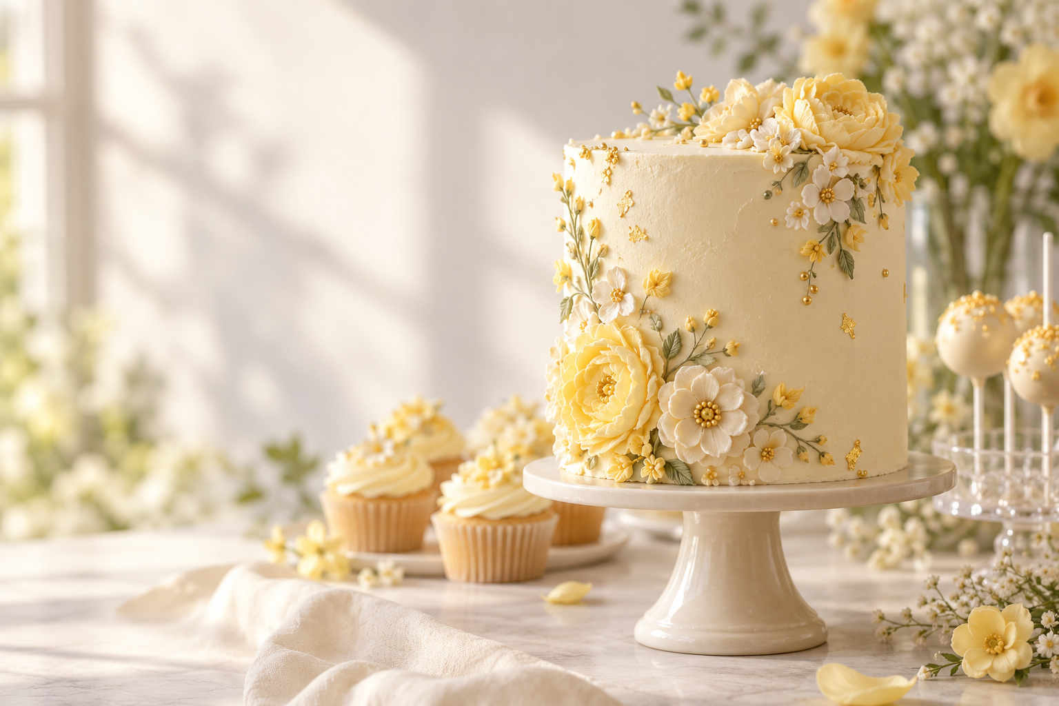 Ivory custom cake with soft yellow details