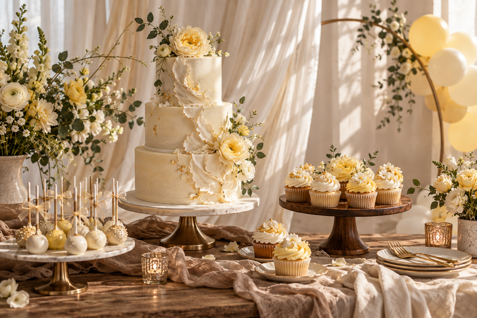 Styled dessert table with cake, cupcakes, cake pops and a soft backdrop