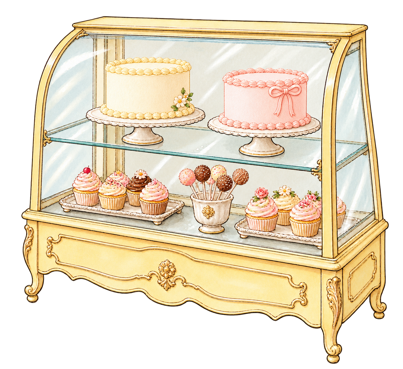 Illustrated display case filled with cakes, cupcakes and cake pops